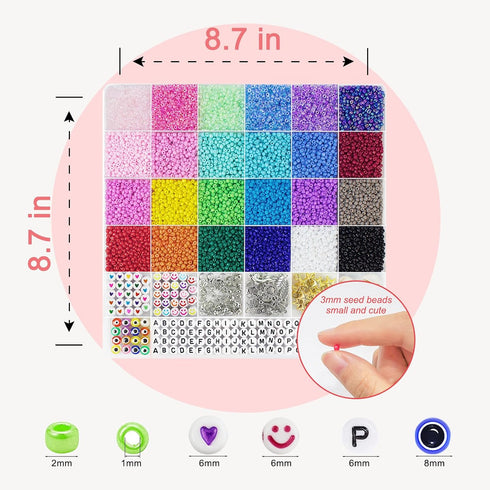 Redtwo 8000pcs 3mm Glass Seed Beads for Bracelet Making Kit, Small Beads Friendship Jewelry Making Kit, Tiny Waist Beads Kit with Letter Beads and...