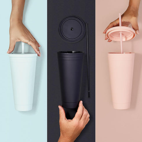 Maars Acrylic Travel Tumbler with Lid and Straw | 32oz Premium Insulated Double Wall XL Plastic Reusable Cups - Matte Blush, 2 Pack...