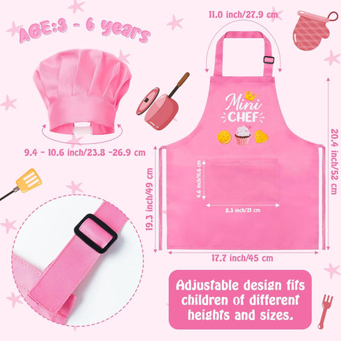 R HORSE Kid Apron and Chef Hat Set 2Pcs Adjustable Children Light Pink Kitchen Apron, Dress up Role Play Chef Toy Cooking Baking Painting and Trai...