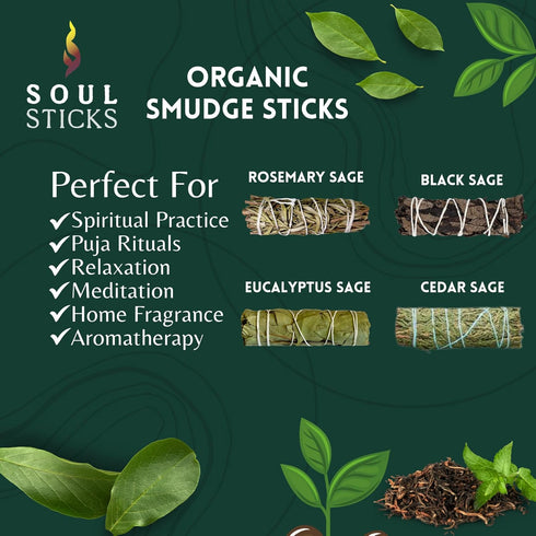 SOUL STICKS Smudge Stick Variety Gift Set | Bulk Sage Bundles for Space Cleansing | Smudging Wand Gift Set with Smudge Guide (Essential Sage, 6 Pa...