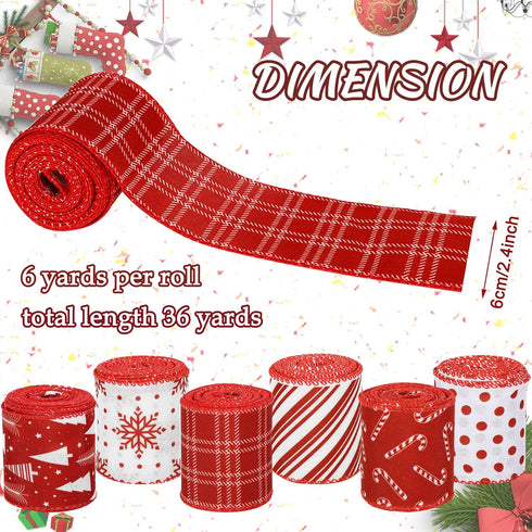 Whaline 36 Yards 6 Rolls Christmas Ribbon Red White Sripe Plaids Dot Wired Edge Ribbon Xmas Tree Candy Cane Snowflake Burlap Craft Ribbon for Xmas...