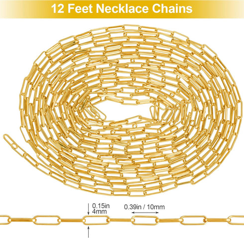 ANCIRS 12 Feet Gold Plated Paperclip Chain for DIY Jewelry Making, 4mm Oval 14K Gold Plated Brass Necklace Paperclip Cable Chain Link for Necklace...