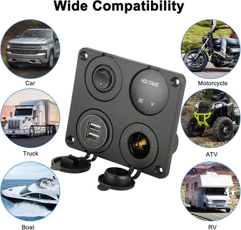 Linkstyle 4 in 1 Charger Socket Panel, 12V 4.2A Dual USB Charger Socket Power Outlet & LED Voltmeter & Cigarette Lighter Socket & LED Lighted ON O...