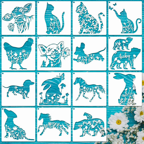 15Pcs Flower Animal Stencils for Painting On Wood Floral Nature Farmhouse Paint Stencil Dog Cat Bear Cow Bunny Reusable Embroidery Stencils for Dr...