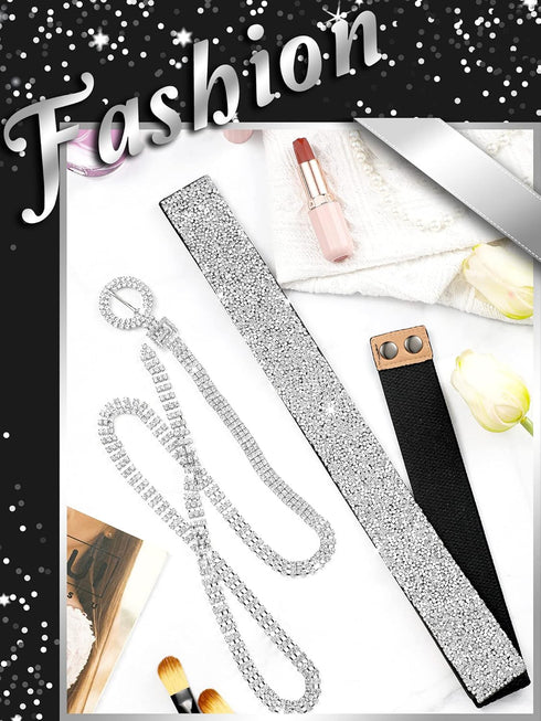 Pangda 2 Pcs Women Stretchy Rhinestone Dress Glitter Belts O Ring Buckle Bling Diamond Belts for Women Shiny Party...