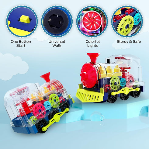 Music Train Toy with LED Light up for Kids - Colorful Moving Transparent Gears for Toddlers -Tummy Time Crawling Baby Toys -Ideal Gift for Boys Gi...