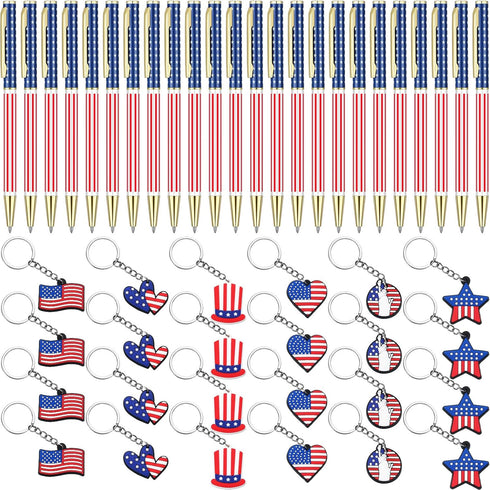 48 Pcs Independence Day Metal Ballpoint Pens American Flag Keychain Set Gold Retractable School Pens USA Flag Key Chains Office Patriotic 4th of J...