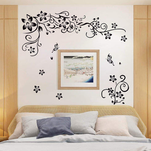 LiveGallery Removable Black Vinyl Flowers Wall Decals DIY Flower Vines and Butterfly Wall Stickers Decor Peel Stick Art Decoration for Teens Room ...