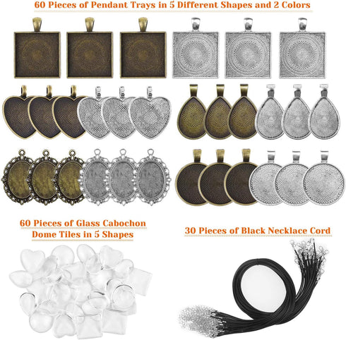 anezus Pendant Trays with Glass Cabochons for Jewelry Making, 90pcs Pendants Trays Set Including 30pcs Bezel Pendant Trays Blanks, 30pcs Glass Cab...