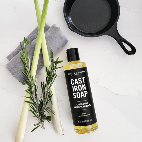 CARON & DOUCET - Cast Iron Cleaning & Conditioning Set: Seasoning Oil & Cleaning Soap | 100% Plant-Based | Best for Washing, Restoring & Seasoning...