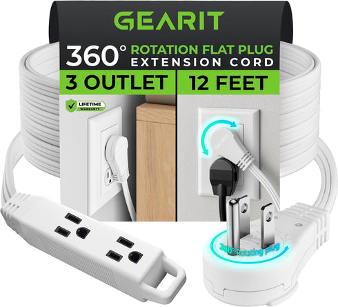 360 Extension Cord, Rotating Flat Plug Adapter for Small Spaces, ETL Certified Multi 3 Outlet Extension Wire, Flat Extension Cord with Sleek Socke...