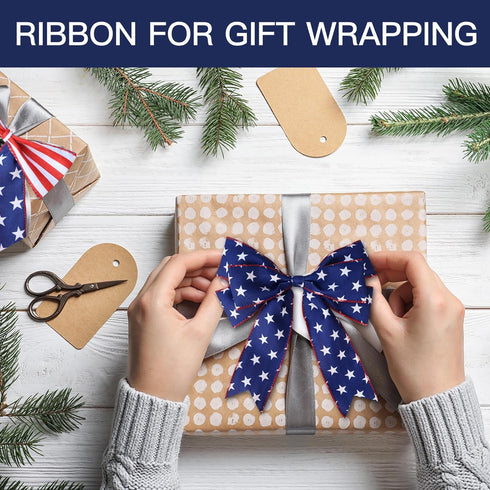 20 Yards Patriotic Wired Edge Ribbon 4th of July Star Strip Burlap Ribbon Red Blue White American Flag Decorative for Independence Day Memorial Da...