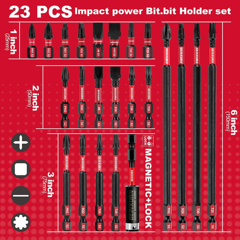 Impact Tough Magnetic Mixed 23Pack Insert Driver Bits, S2 Alloy Steel Screwdriver Power Bits Set with 1Pcs Impact Magnetic Bit Holder...