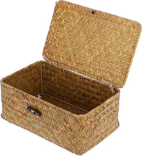 Hipiwe Wicker Shelf Baskets Bin with Lid, Handwoven Seagrass Basket Storage Bins Rectangular Household Basket Boxes for Shelf Wardrobe Home Organi...