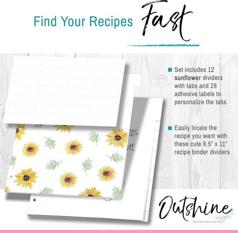 Outshine 12-Pack Recipe Binder Dividers for 3 Ring Binder, Sunflower | 8.5" x 11" Thick Cardstock Binder Dividers with Tabs | includes 28 Adhesive...