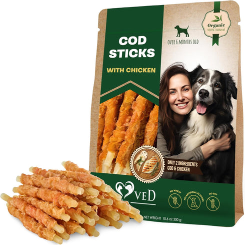 Beloved Pets Cod Sticks Dog Treats Chicken Wrapped - All Natural Rawhide - Free & Grain Free Long Lasting Chews for Large & Small Dogs - Dried Pet...