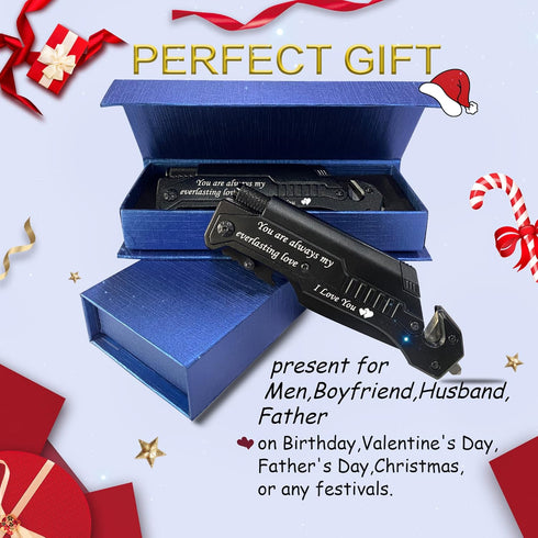 Engraved Pocket Knife for Men,6 in 1 Multifunction Folding Knives with Fire Starter,LED Light,Seatbelt Cutter,Glass Breaker,Bottle Opener,Annivers...