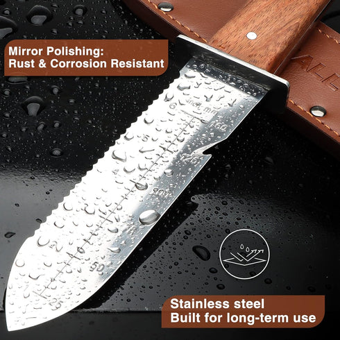 SHALL Hori Hori Garden Knife, Gardening Knife with Leather Sheath, Rosewood Handle & Hide Rope, 7” Stainless Steel Blade, Rope Cutting Edge, for D...