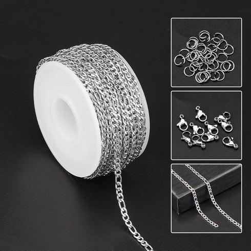 SUNNYCLUE DIY 10M 32.8 Feet 3MM Silver Chain Roll Figaro Chains Silver Plated Necklace Stainless Steel Cable Long Craft Link Chain Bulk for Jewelr...