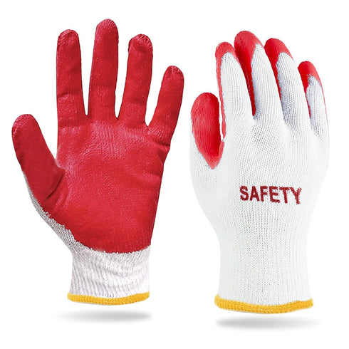 SAFETY Non-Slip 10 Pairs Red Latex Cotton Multi-Purpose Work Gloves- Nitrile Dipped & Rubber Palm Coated for a Firm Grip- Heavy Duty Premium-Const...