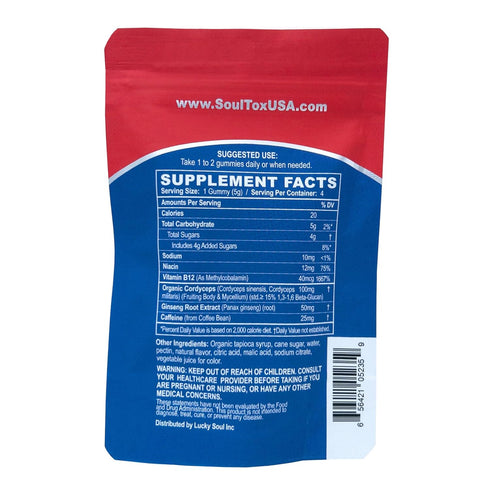 Soultox Energy Mushroom Gummies Strawberry - Vegan Formula with Ginseng, Cordyceps, Caffeine, Vitamin B12 - Boosts Energy and Cognitive Function -...