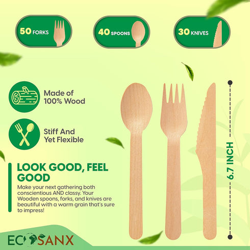 120 PCs Wooden Cutlery set | 6.5" Splinter Free Compostable Utensils, Biodegradable, Eco-Friendly | 100% All - Natural Bamboo Utensils for Outdoor...