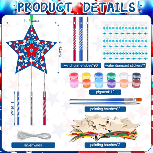 Sheroll 30 Pack 4th of July Wind Chime Kit for Kids DIY Craft Make Your Own Patriotic Star Wooden Wind Bell Decoration for Girls Boys Art Ornament...