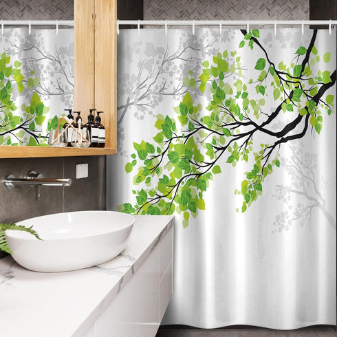 Ambesonne Nature Stall Shower Curtain, Twiggy Spring Tree Branch Refreshing Leaves Summer Peaceful Woodland Graphic, Fabric Bathroom Decor Set wit...