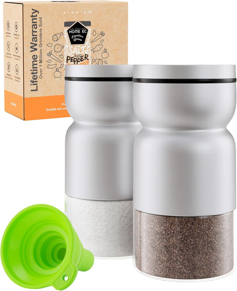HOME EC Original Glass Salt and Pepper Shakers Set with Adjustable Pour Holes - Stainless Steel Salt Shaker and Pepper Shaker - Farmhouse Salt and...