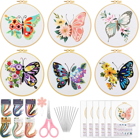 6 Set Butterfly Embroidery Kit Butterfly and Flower Cross Stitch Set Embroidery Kits for Adults with Patterns Instructions Embroidery Hoops Thread...