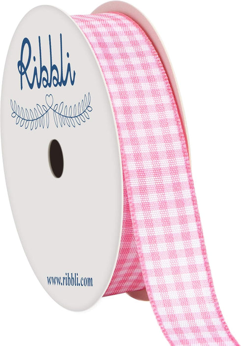 Ribbli Light Pink and White Gingham Ribbon,100% Polyester Woven Edge,5/8 Inch x 10 Yard,Plaid Ribbon Use for Baby Shower,Gift Wrapping,Party Decor...