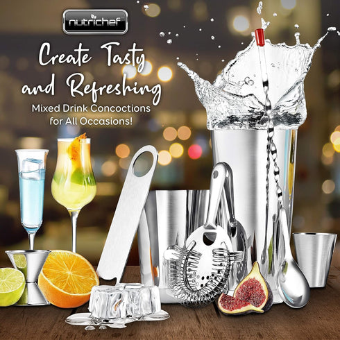 NutriChef Mixology Bartender Cocktail Shaker Set - Includes 15 & 30 oz Stainless Steel Shakers, 6 Bottle Pourers & More - Essential Martini Making...