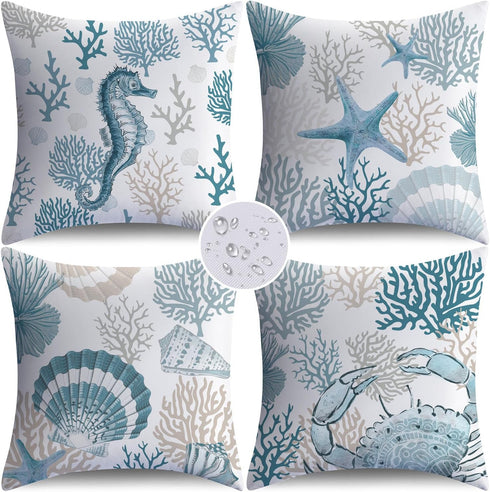 NIGHTWISH Outdoor Pillow Covers 18x18 Set of 4 Waterproof Outdoor Decorative Throw Pillow Covers Blue Ocean Sofa Couch Cushion Cases for Patio Fur...