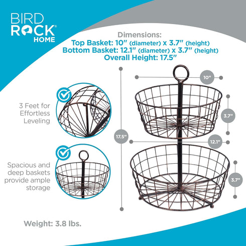 BIRDROCK HOME 2 Tier Wire Fruit Basket | Round Metal Standing Baskets | Fruit Vegetable Garlic Caddy | Freestanding Rustic Decorative Basket...
