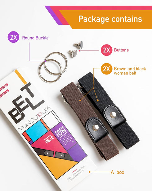 No Buckle Comfortable Elastic Stretch Belts for Womens, Black Elastic Waist Adjustable Invisible Belts for Jeans Pants?2 Sets?...