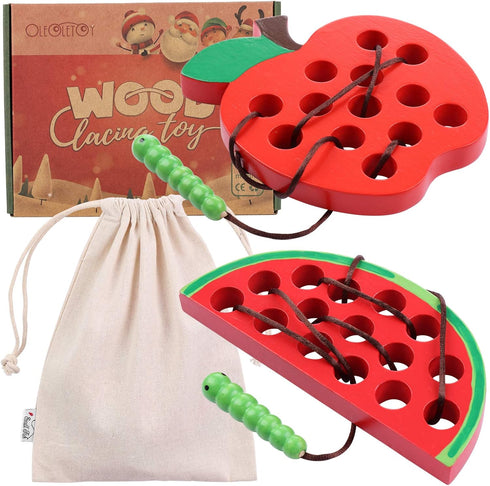 KLT Lacing Toy for Toddlers, Wooden Threading Toys, 1 Apple and 1 Watermelon with Bag, Educational and Learning Montessori Activity for Baby and K...