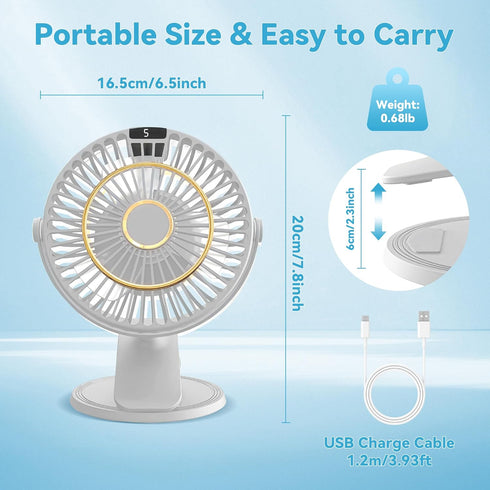 5 Speeds Clip on Fan Rechargeable - Mini USB Portable Desk Fan with Clip, LED Display Powerful Silent Table Fan, 720°Flexible Rotation for Bed, Ho...