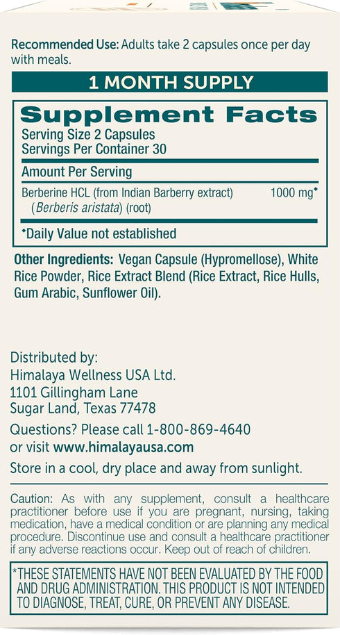 Himalaya Berberine for Metabolism & Cholesterol Support, GI Support & Immune Support, 1000 mg Serving, Berberine HCL from Indian Barberry Root, Ve...