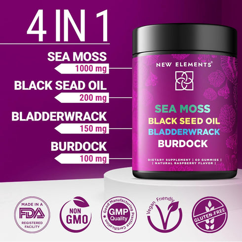 Organic Sea Moss Gummies with Black Seed Oil, Bladderwrack & Burdock Root | Irish Sea Moss Supplement 1000mg | 4 in 1 Advanced Formula 4X Stronger...