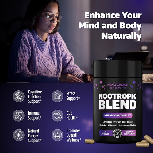 Nano Choice Nootropic Blend - Mushroom Complex Supplement for Brain, Focus, Productivity & Immune Support | Non-GMO, Vegan, Made in USA | 120 Caps...