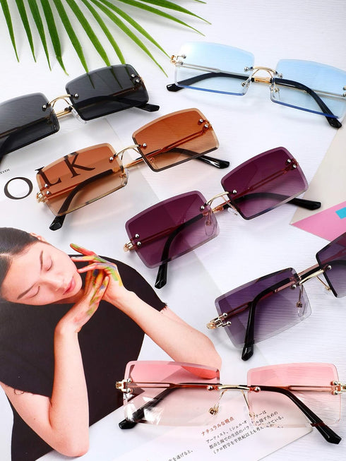 Weewooday 6 Pairs Rimless Rectangle Sunglasses Small Vintage Sunglasses Retro Frameless Eyewear for Women Men Travel Outdoor...