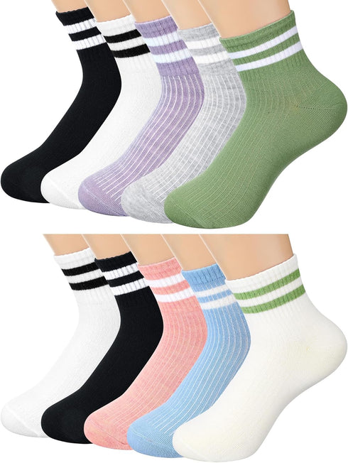 10 Pairs Womens Striped Mini Crew Socks Two Stripes Sports Shoes Socks Soft Breathable Athletic Socks for Girls Women Daily Wear...