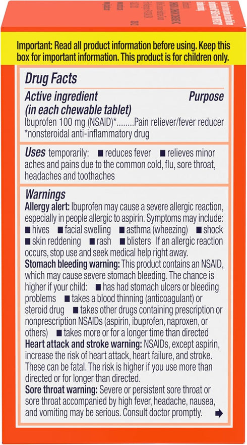 Motrin Children's Chewable Tablets with Ibuprofen, Kids' Fever Reducer & Pain Reliever for Sore Throat, Fever, Toothache & Pain Relief, Grape Flav...