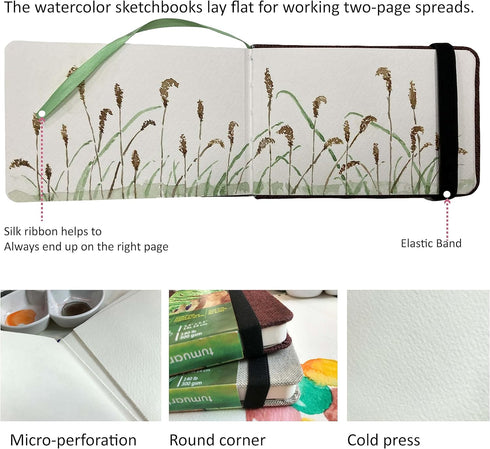 tumuarta Watercolor Journal, 3.5x5.5”, 140 LB, 300 GSM, Cotton Paper, Cold Press, 24 Sheets, 48 Pages, Watercolor Sketchbooks for Use As Travel No...