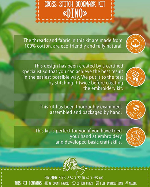 Povitrulya Counted Cross Stitch Kit - DIY Kits for Adults or Kids - Funny Embroidery Bookmark - Easy to Use - Craft Collection - T-Rex Dinosaur...