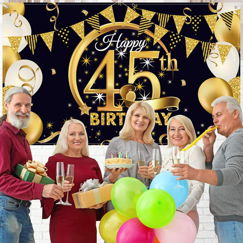 Birthday Party Decoration Extra Large Fabric Black Gold Sign Poster for Anniversary Photo Booth Backdrop Background Banner, Birthday Party Supplie...