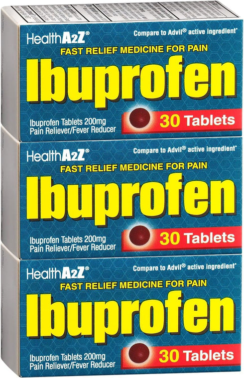 HealthA2Z® Ibuprofen 200mg | Pain Relief | Body Aches | Headache | Arthritis | Cramps | Back Pain | Fever Reducer… (30 Counts (Pack of 3))...