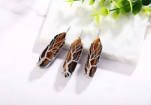 XIANNVXI Tree of Life Wire Wrapped Crystal Point Pendant Necklace Reiki Healing Crystal Tiger Eye Stone Necklaces Natural Hexagonal Gemstone Quart...