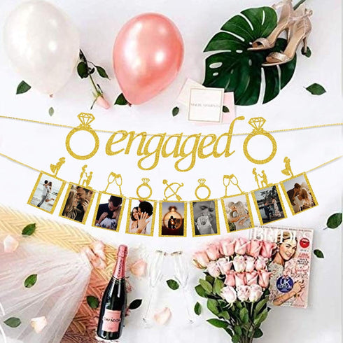 Engagement Wedding Decorations, Gold Engaged Banner and Photo Banner with Romantic Memories Picture Card Frames for Engaged/Wedding/Anniversary/Va...