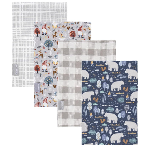 Trend Lab Woodland Wonder 4 Pack Flannel Blankets - Bear Crossings - Blue, Brown, Gray, White; Buffalo Check - White, Gray; Woodland Gnomes - Whit...